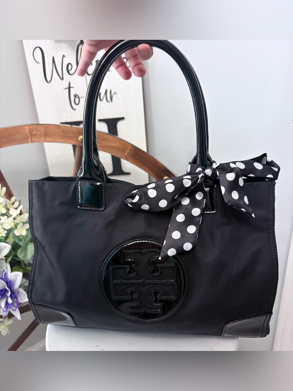 🖤 TORY BURCH Black Ella Tote with tan interior